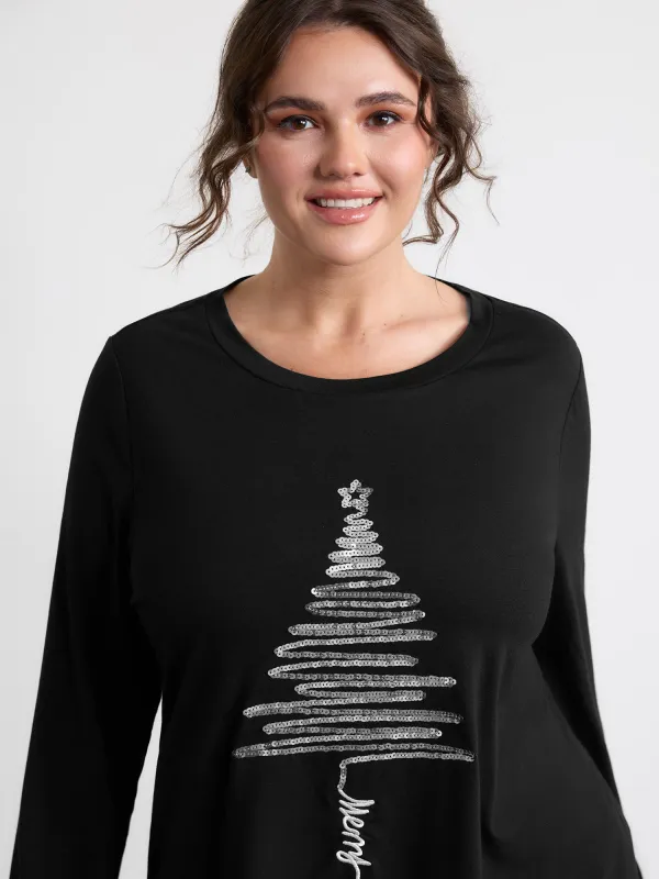 Sequin Cord Embroidered Tree Round Neck T-Shirt sold by Bloomchic