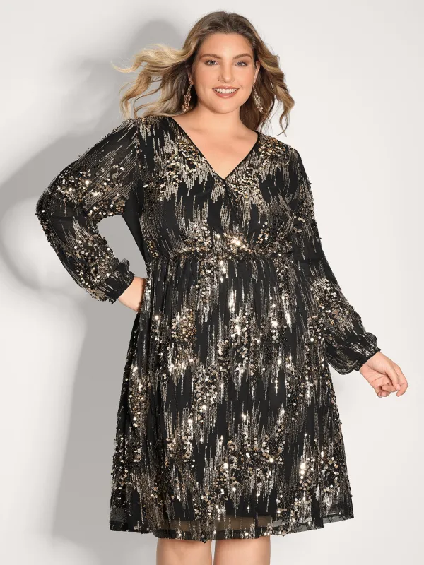 Shimmery Gold Silver Sequin Wrap Party Dress sold by Bloomchic