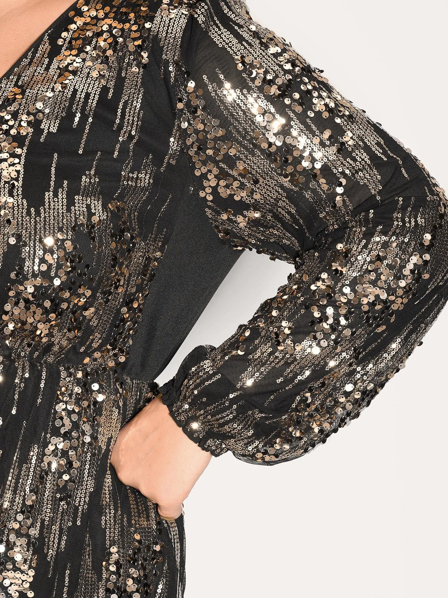 Shimmery Gold Silver Sequin Wrap Party Dress sold by Bloomchic product image thumbnail 3