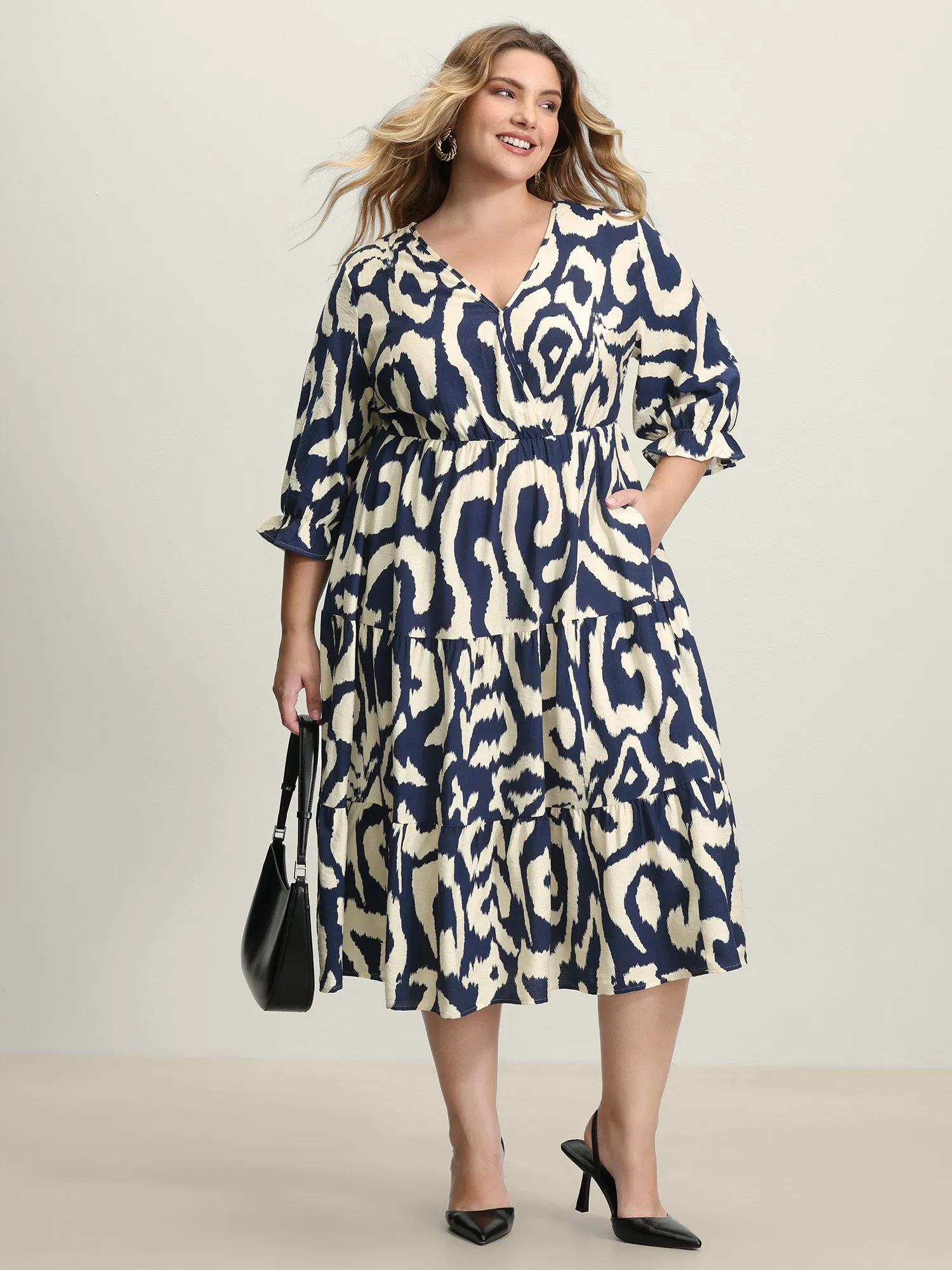 Abstract Print Cinched-Waist Midi Dress sold by Bloomchic
