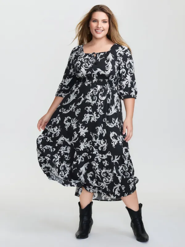 Scroll Pattern Adjustable Drawstring Pockets Maxi Dress sold by Bloomchic
