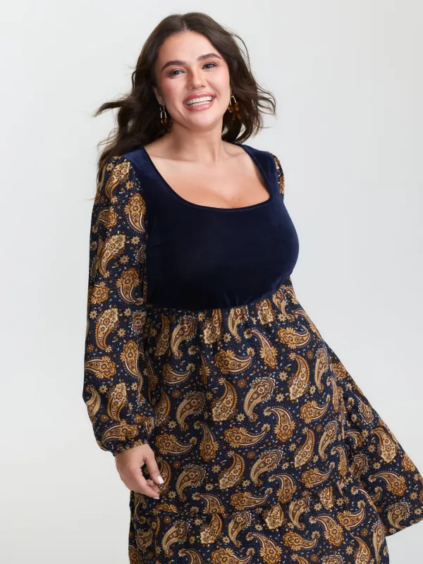 Velvet Paisley Print Spliced Midi Dress sold by Bloomchic