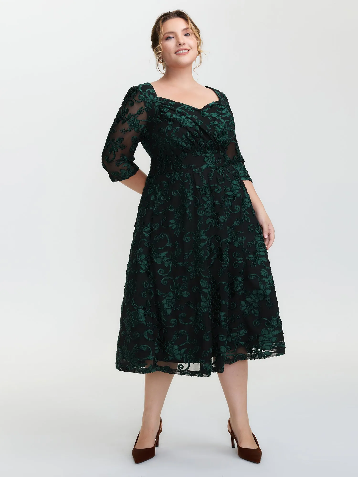 Stretchy Laser Cut Mesh Crossover Neckline Midi Dress sold by Bloomchic product image thumbnail 3