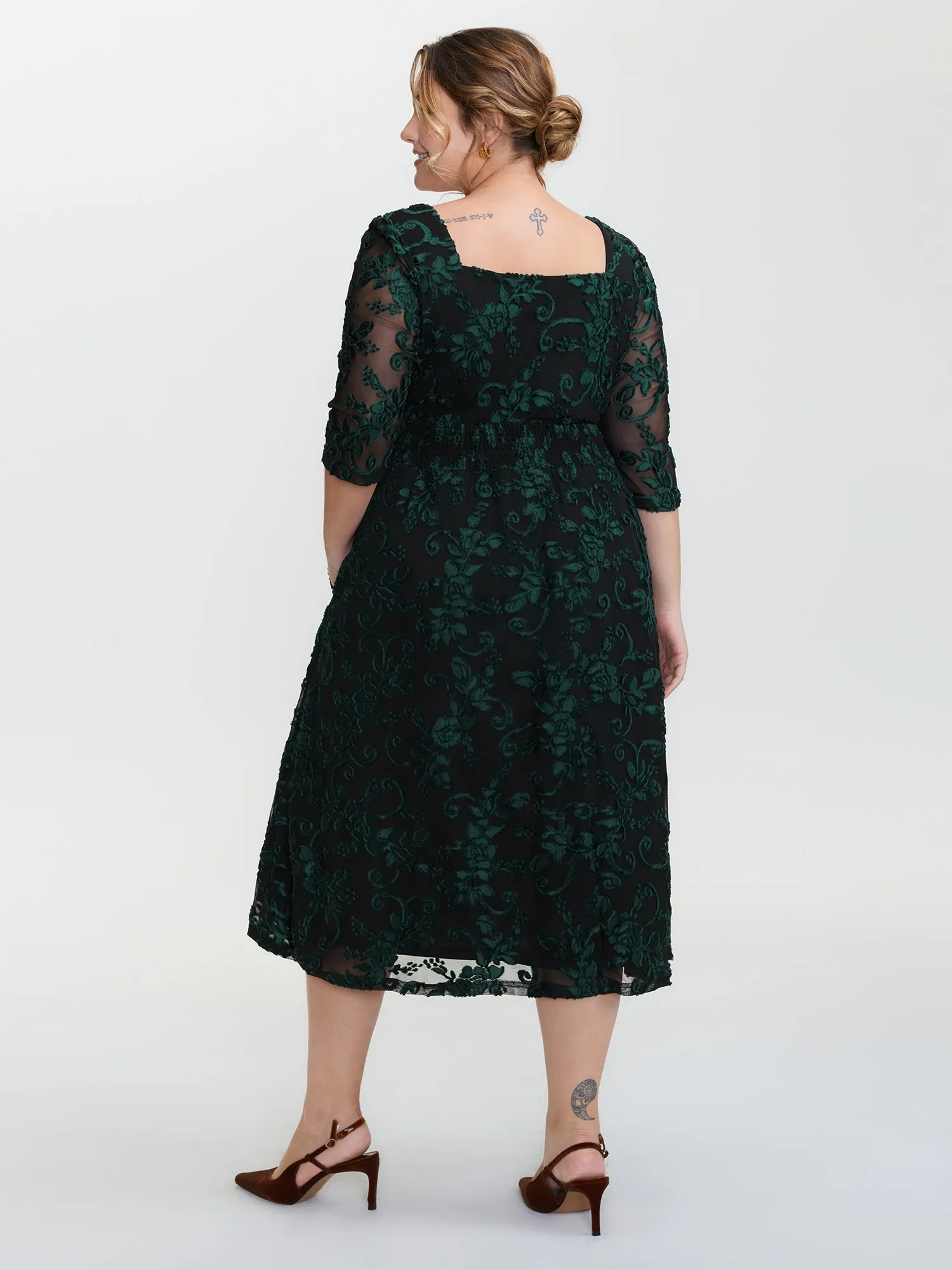 Stretchy Laser Cut Mesh Crossover Neckline Midi Dress sold by Bloomchic product image thumbnail 4