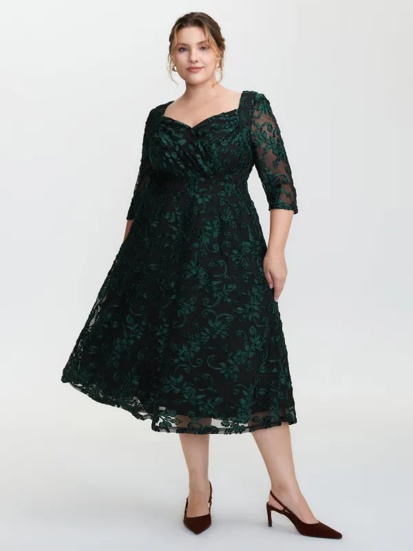 Stretchy Laser Cut Mesh Crossover Neckline Midi Dress sold by Bloomchic