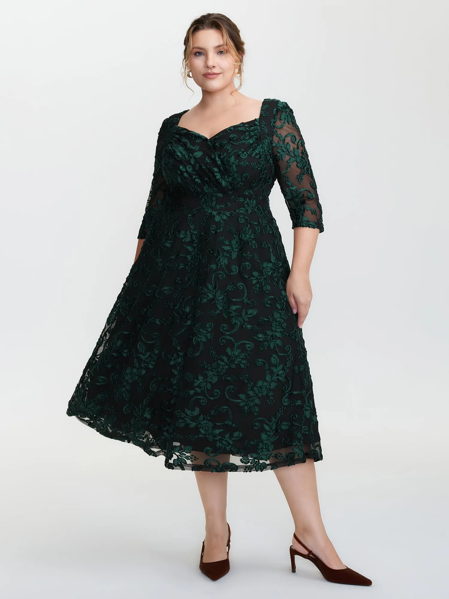Stretchy Laser Cut Mesh Crossover Neckline Midi Dress sold by Bloomchic