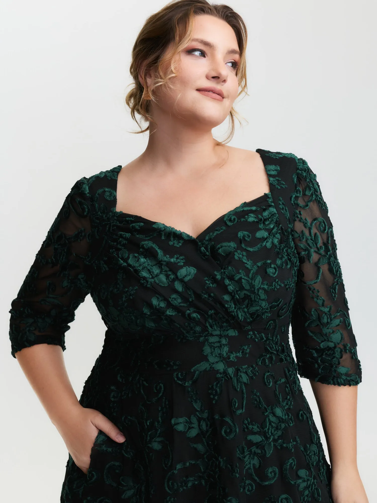Stretchy Laser Cut Mesh Crossover Neckline Midi Dress sold by Bloomchic product image thumbnail 2