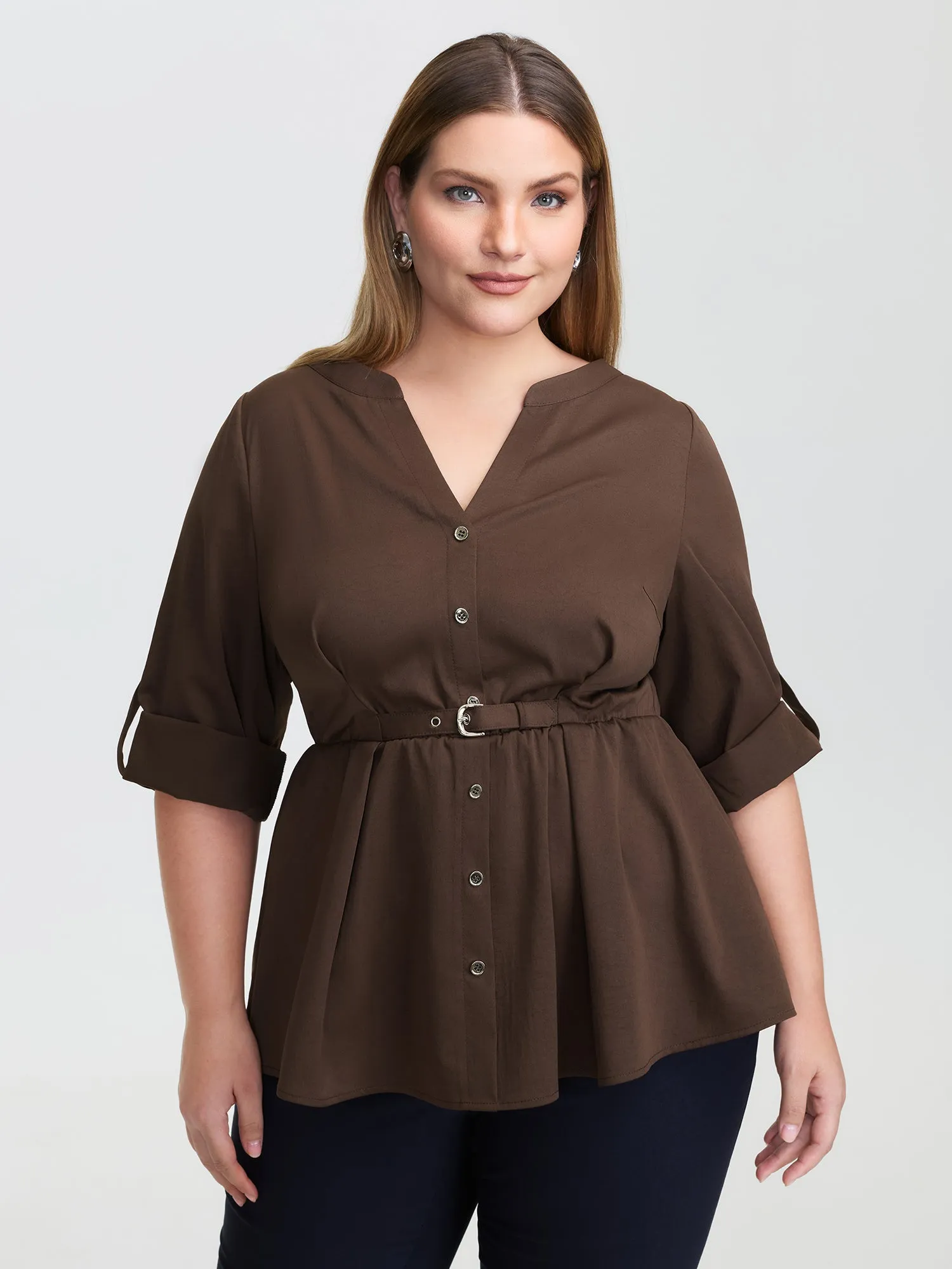 Waist Defining Tab Sleeve Blouse sold by Bloomchic