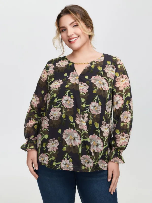 Sheer Floral Ruffled Cuff Metal Detail Blouse sold by Bloomchic