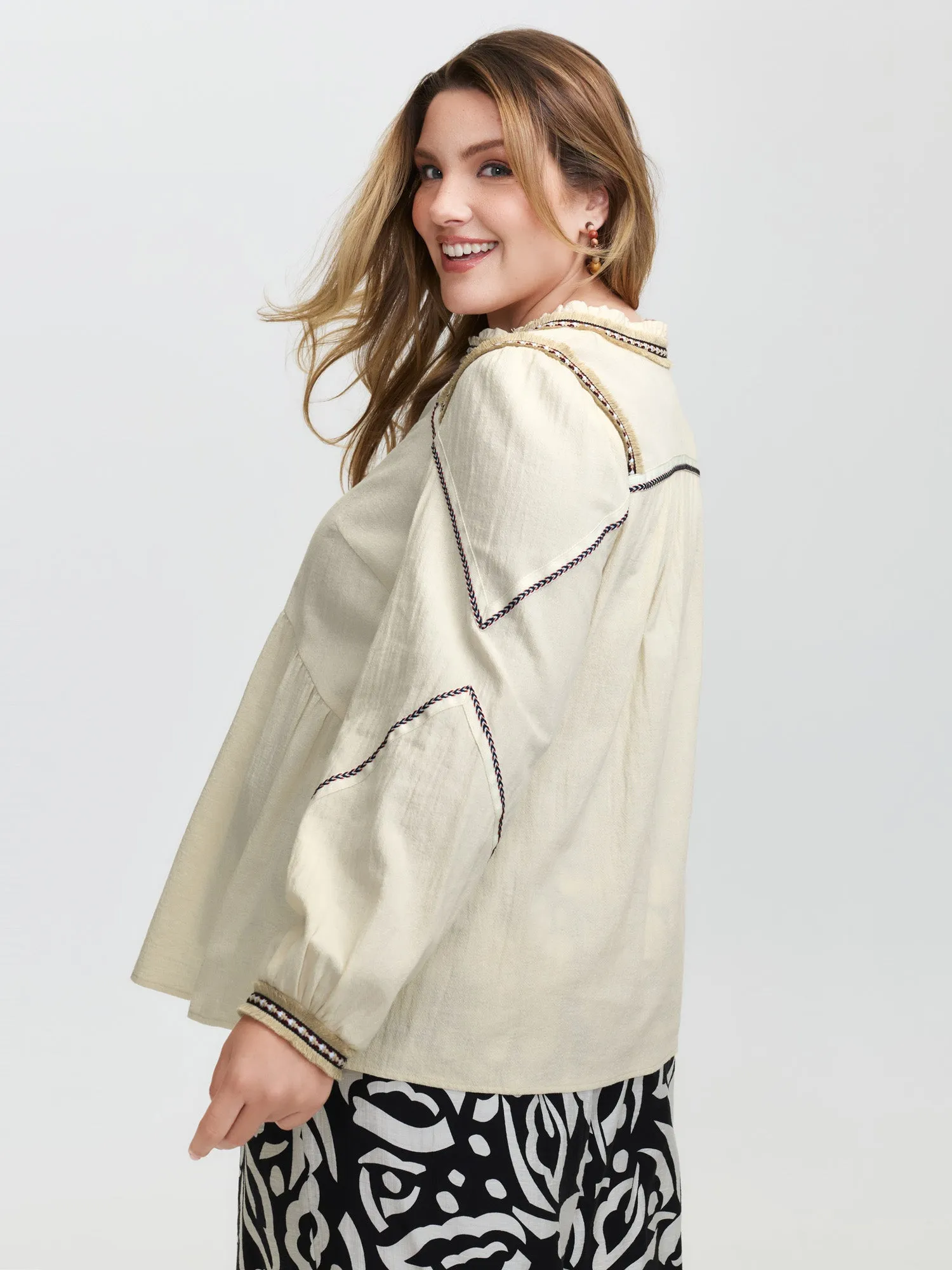 Cotton Contrast Webbing Notched Collar Blouse sold by Bloomchic product image thumbnail 4