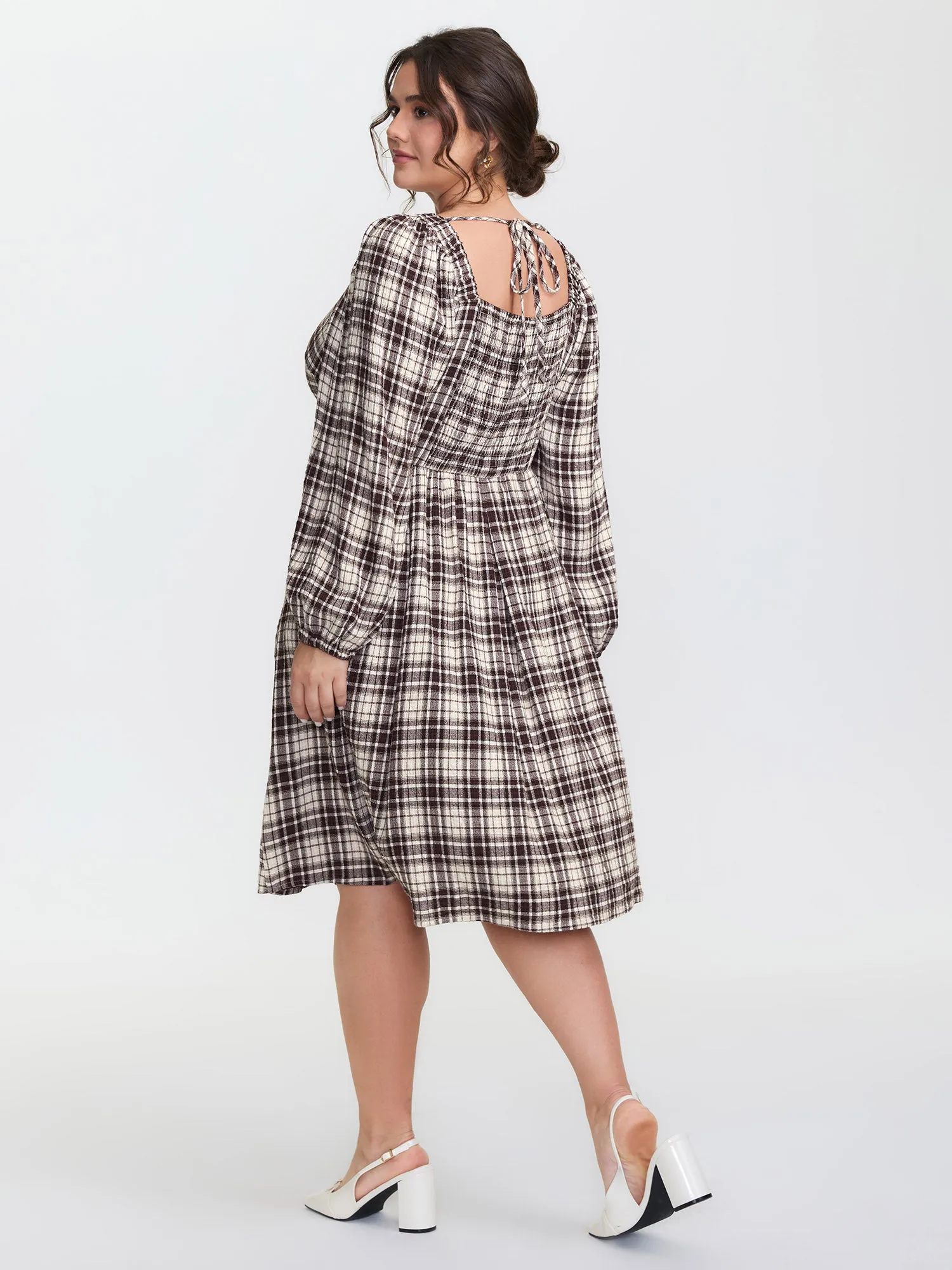 Plaid Shirred Pockets Back-Tie Midi Dress sold by Bloomchic product image thumbnail 4