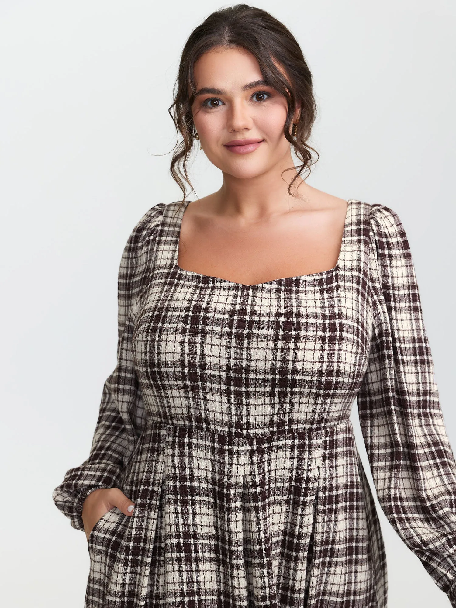 Plaid Shirred Pockets Back-Tie Midi Dress sold by Bloomchic product image thumbnail 2