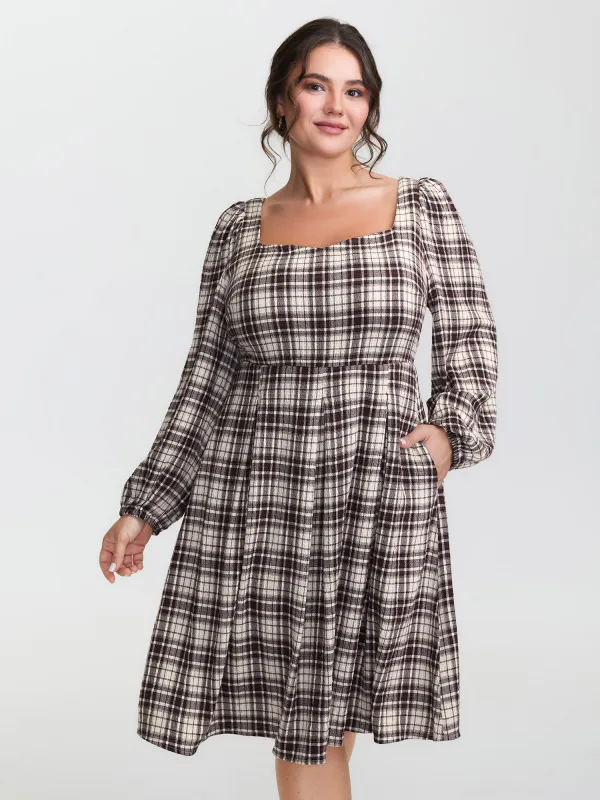 Plaid Shirred Pockets Back-Tie Midi Dress sold by Bloomchic