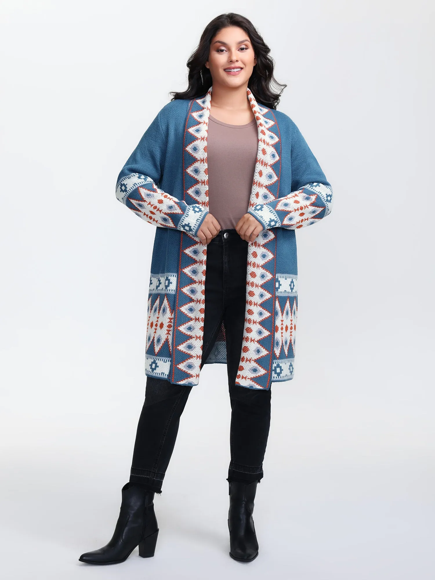 Boho Pattern Jacquard Folded Collar Knit Cardigan sold by Bloomchic product image thumbnail 3