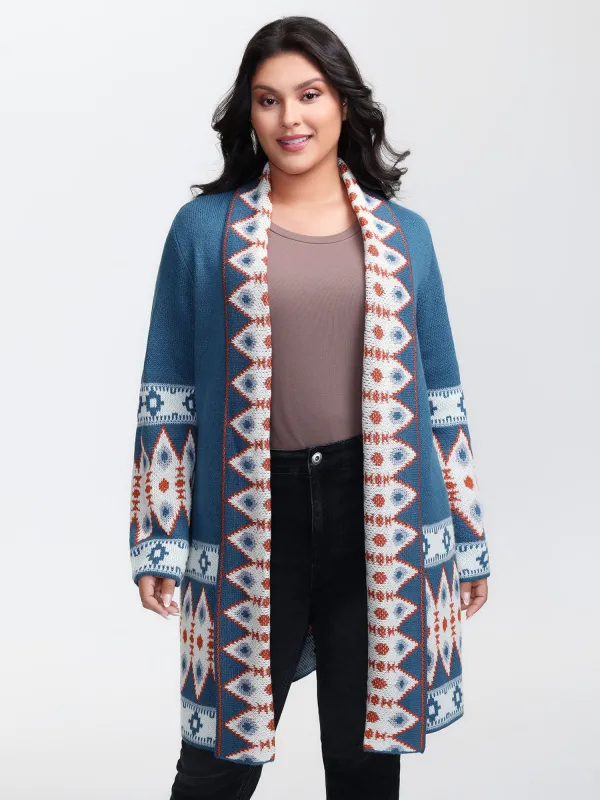Boho Pattern Jacquard Folded Collar Knit Cardigan sold by Bloomchic