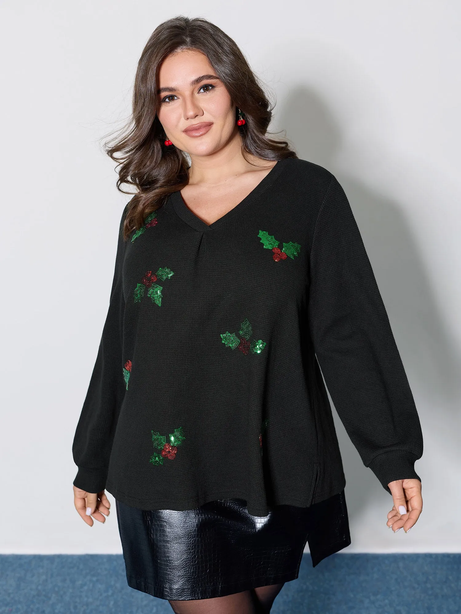 Holiday Elements Sequin Embroidery Textured Sweatshirt sold by Bloomchic product image thumbnail 3