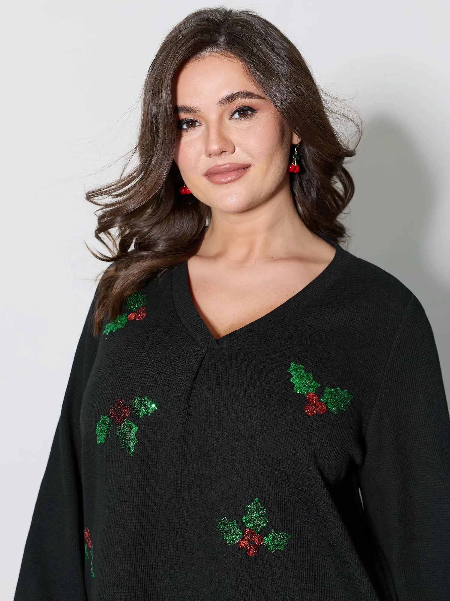 Holiday Elements Sequin Embroidery Textured Sweatshirt sold by Bloomchic