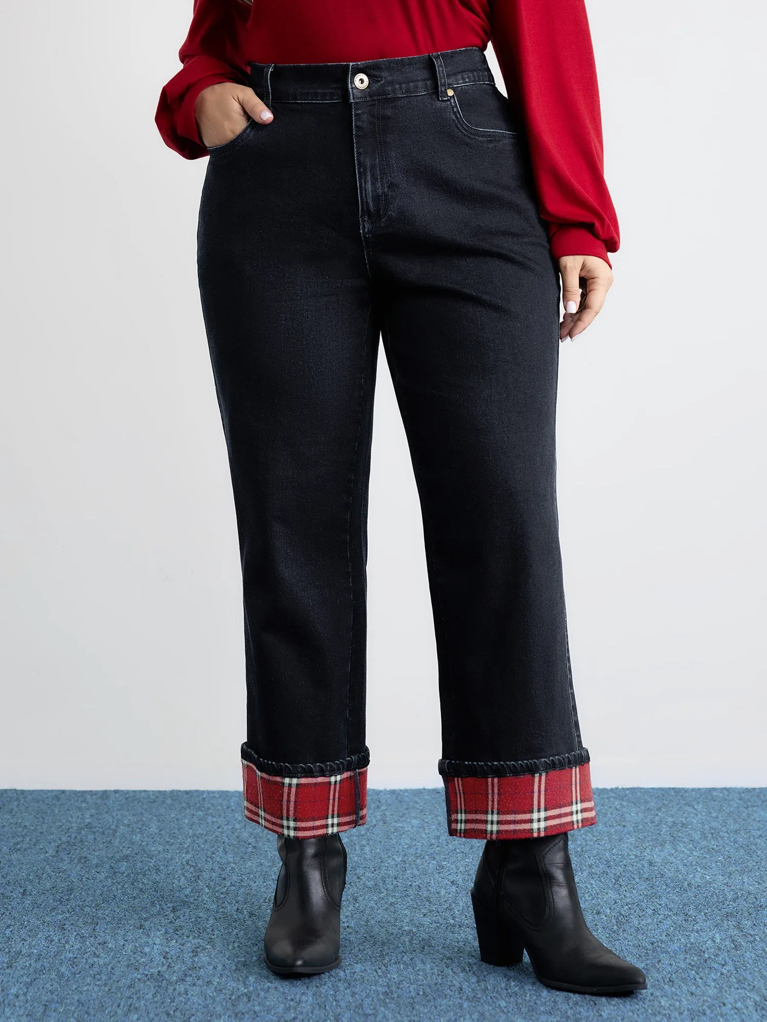 Stretchy Plaid Straight-Leg Jeans sold by Bloomchic product image thumbnail 2