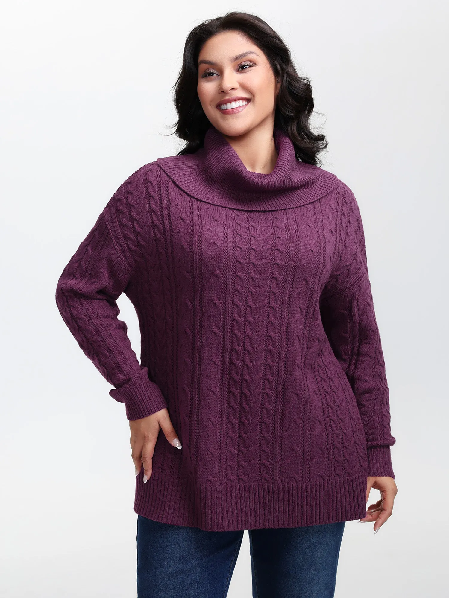 Drapey High Turtleneck Cable-Knit Pullover sold by Bloomchic