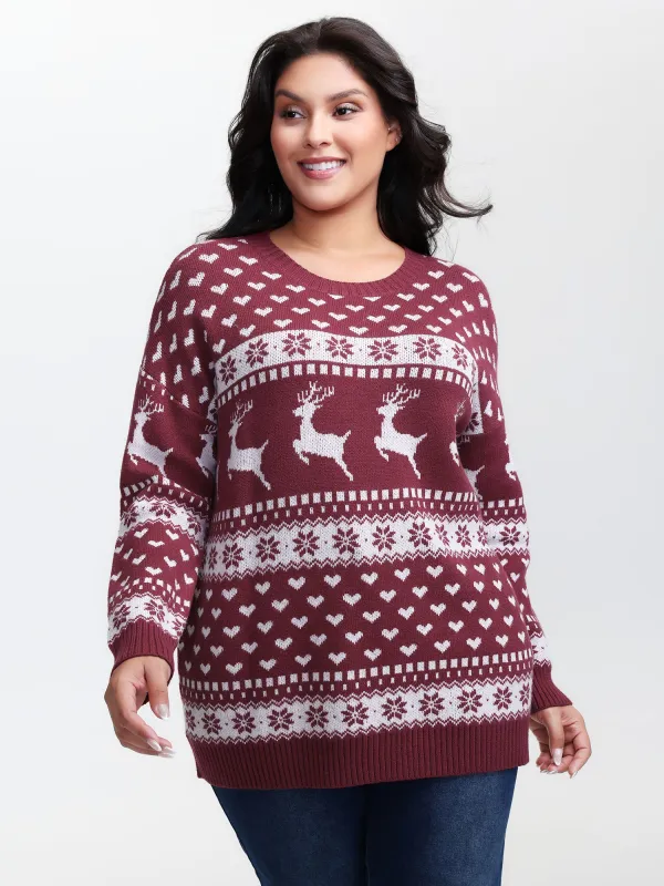 Reindeer Holiday Print Round Neck Pullover sold by Bloomchic