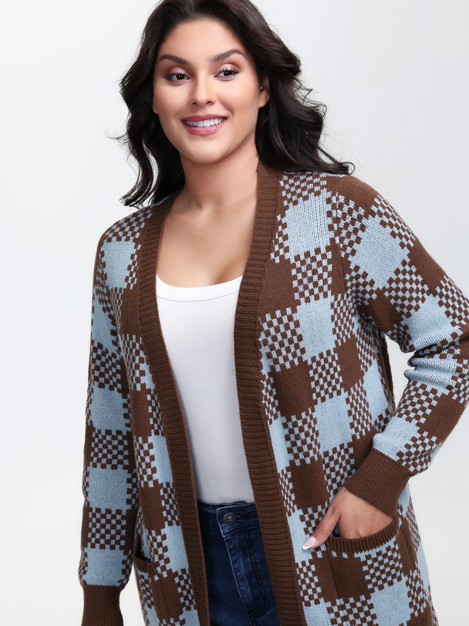 Checkered Pattern Pockets Knit Cardigan sold by Bloomchic