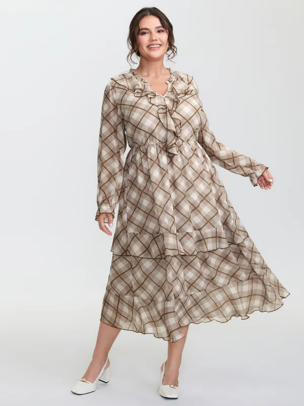 Checkered Stretchy Waist Ruffled Maxi Dress sold by Bloomchic