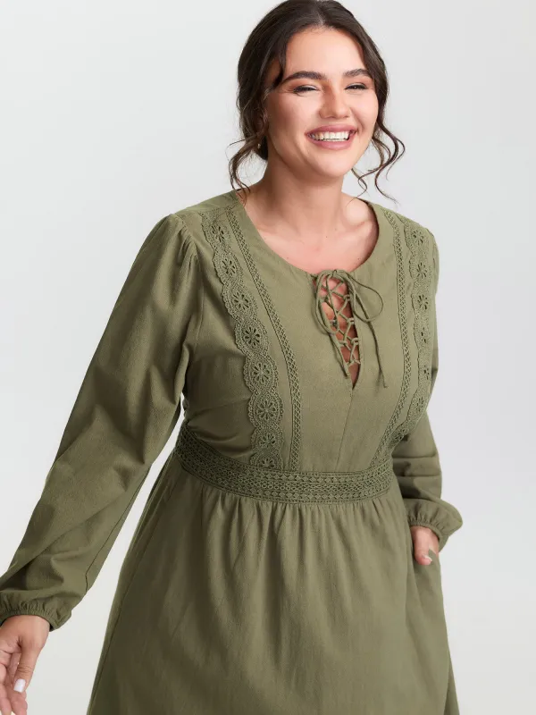 Lace Trim Shirred Back Pockets Midi Dress sold by Bloomchic