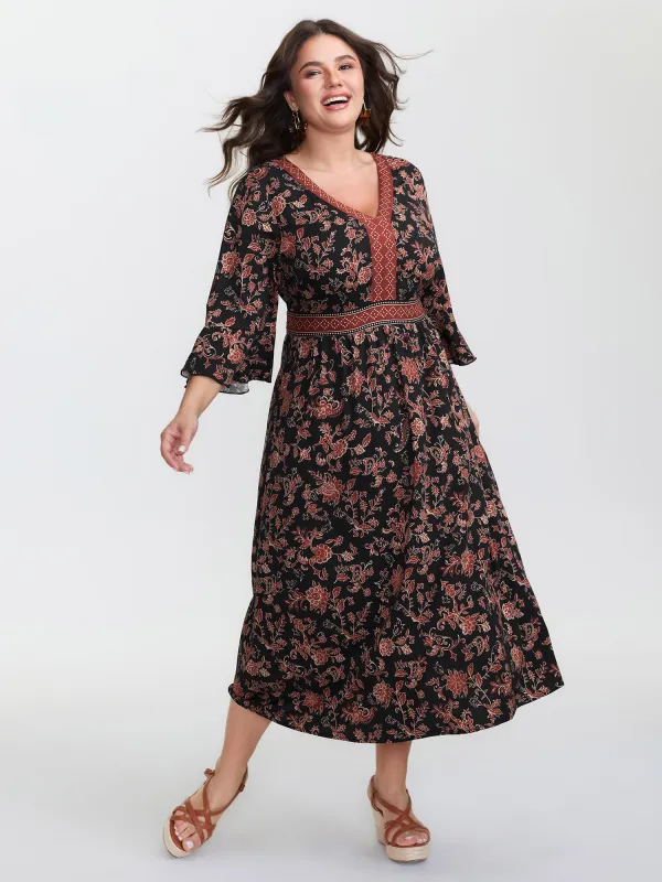 Floral Print Shirred Contrast Pockets Maxi Dress sold by Bloomchic