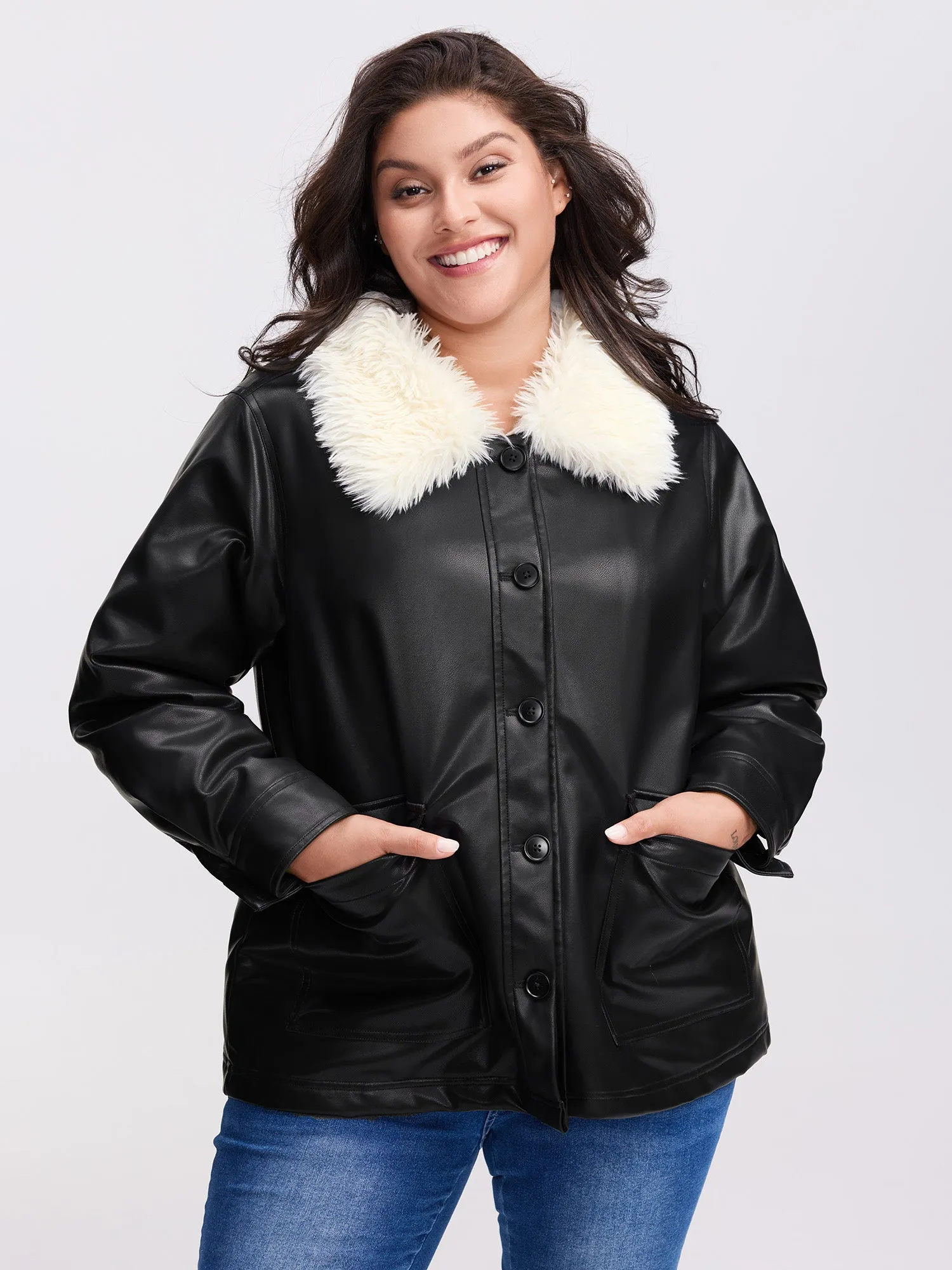 Fuzzy Collar Button Quilted Jacket sold by Bloomchic