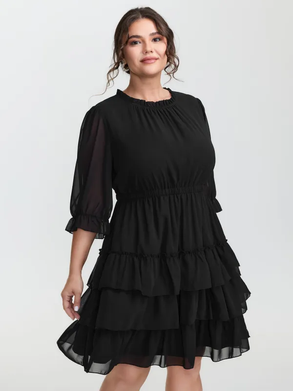 Three-Quarter Sleeve Tulle Skirt Knee-Length Dress sold by Bloomchic