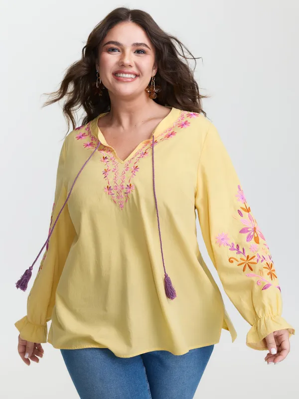 Floral Embroidery Neck Tie Blouse sold by Bloomchic
