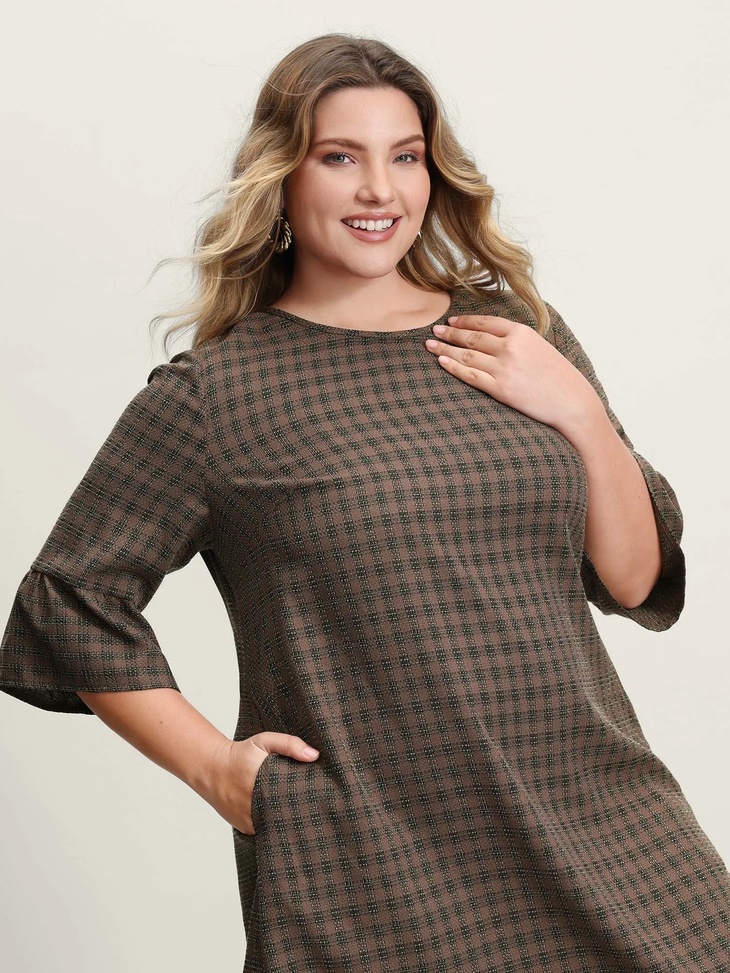 Yarn-Dyed Flared Sleeve A-Line Knee-Length Dress sold by Bloomchic product image thumbnail 2