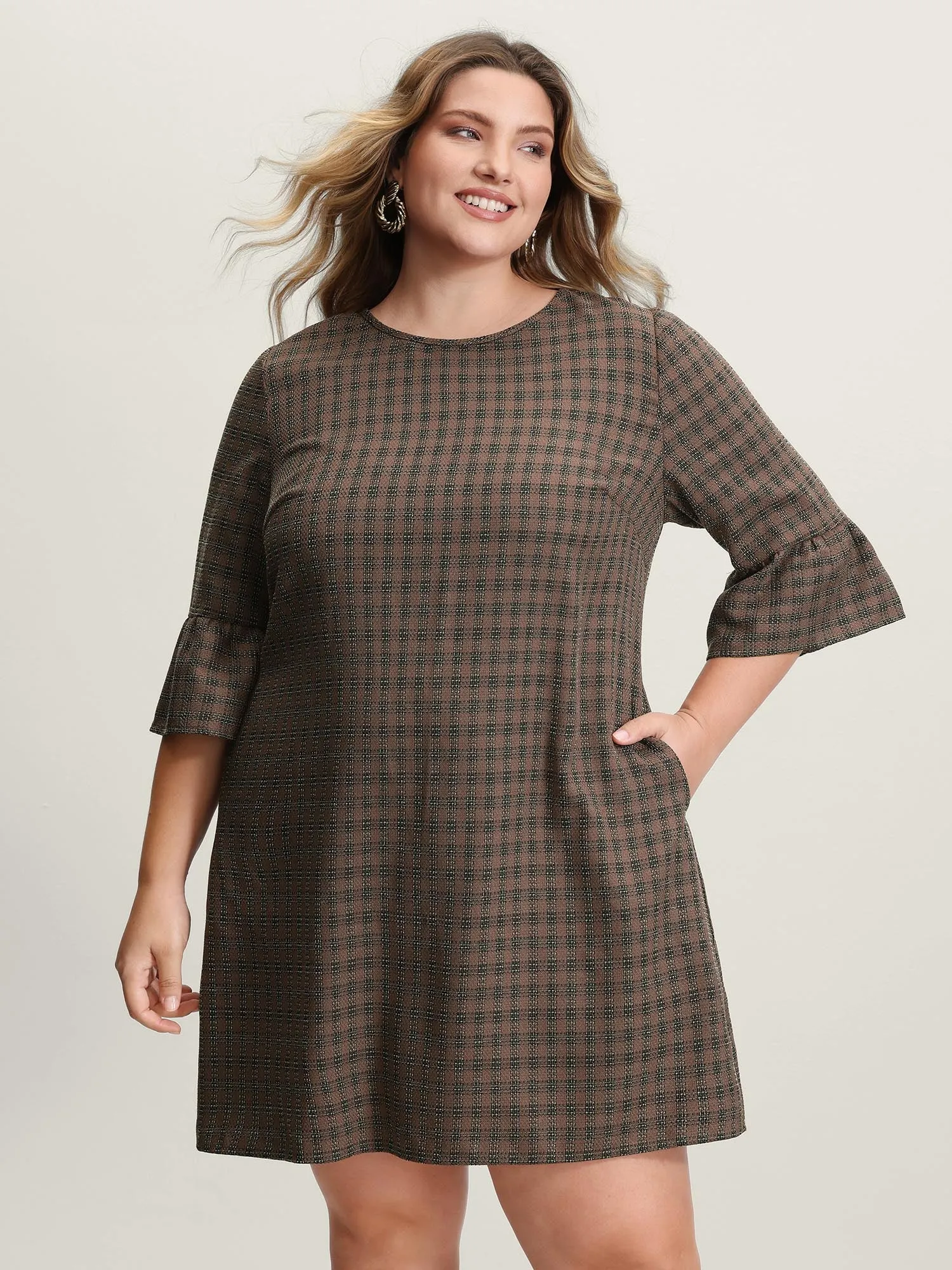 Yarn-Dyed Flared Sleeve A-Line Knee-Length Dress sold by Bloomchic