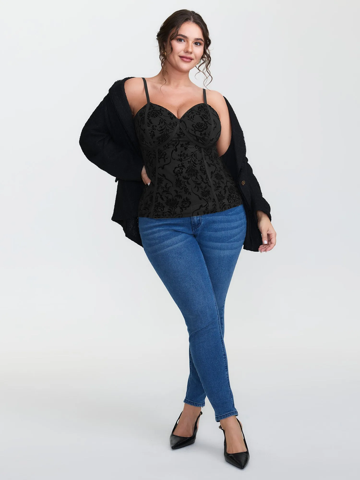 Flocked Floral Stretchy Mesh Lace Tank Top sold by Bloomchic product image thumbnail 2