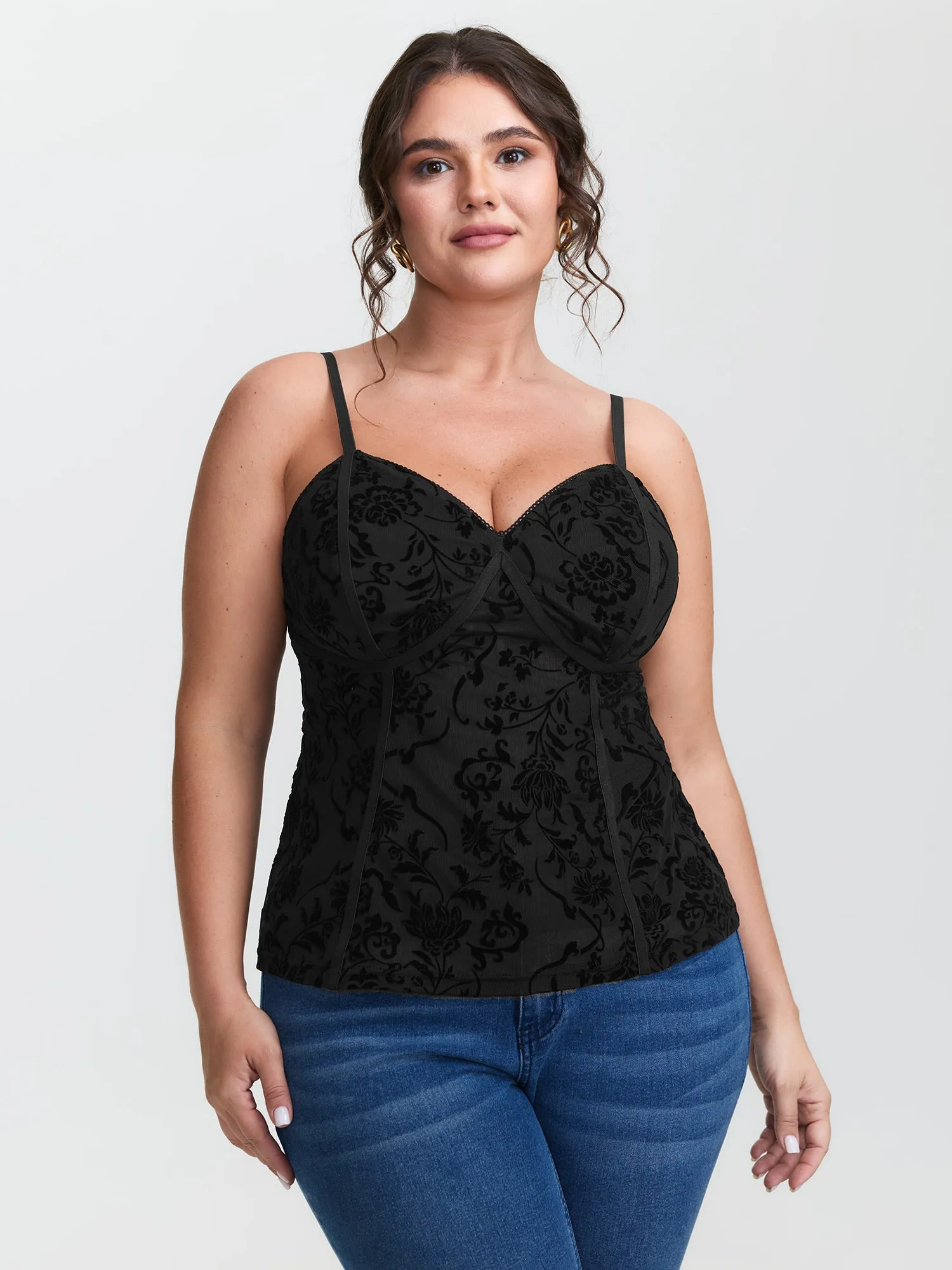 Flocked Floral Stretchy Mesh Lace Tank Top sold by Bloomchic