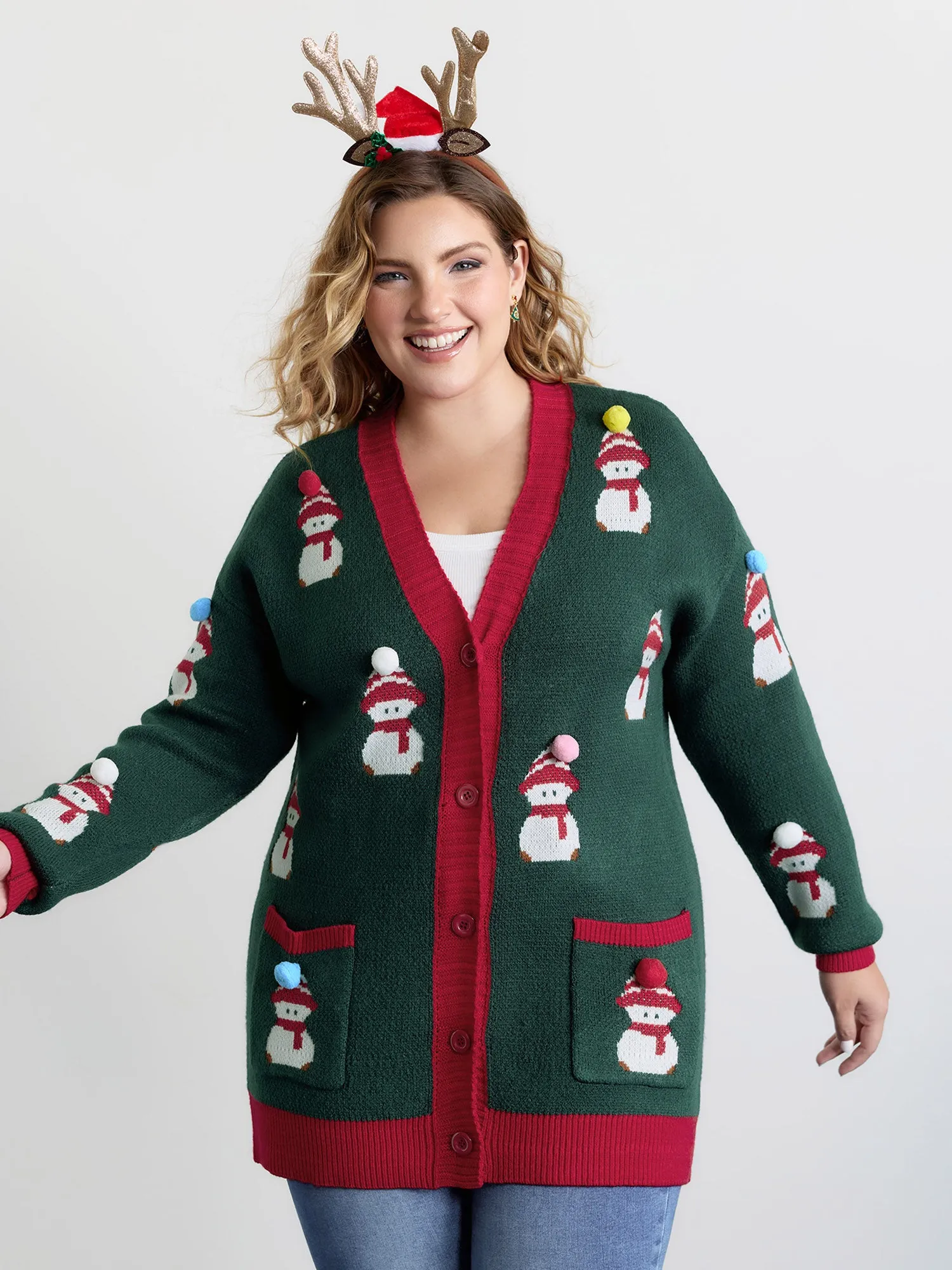 3D Snowman Jacquard Placket Knit Cardigan sold by Bloomchic