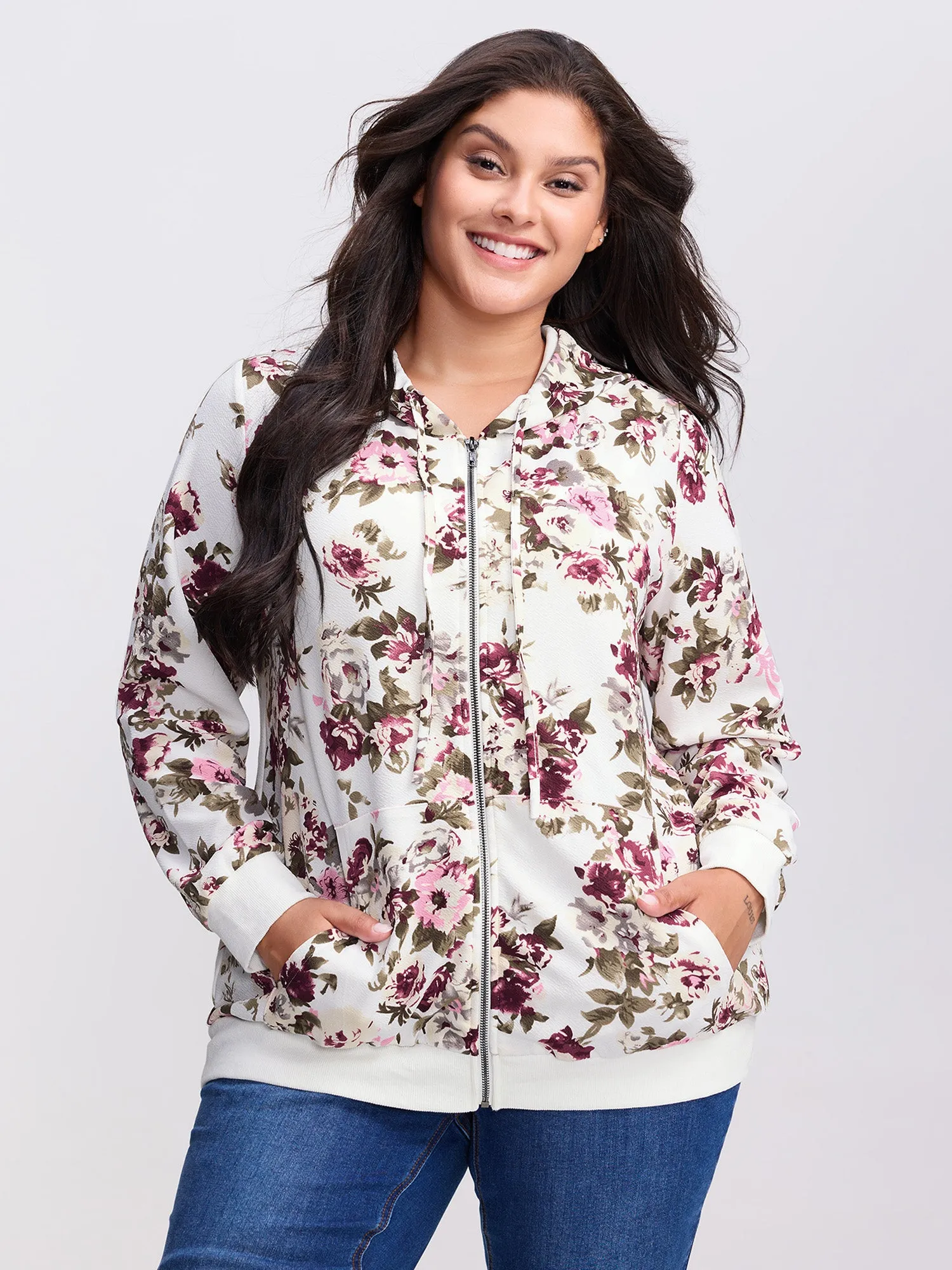Flower Print Pockets Zipper Jacket sold by Bloomchic