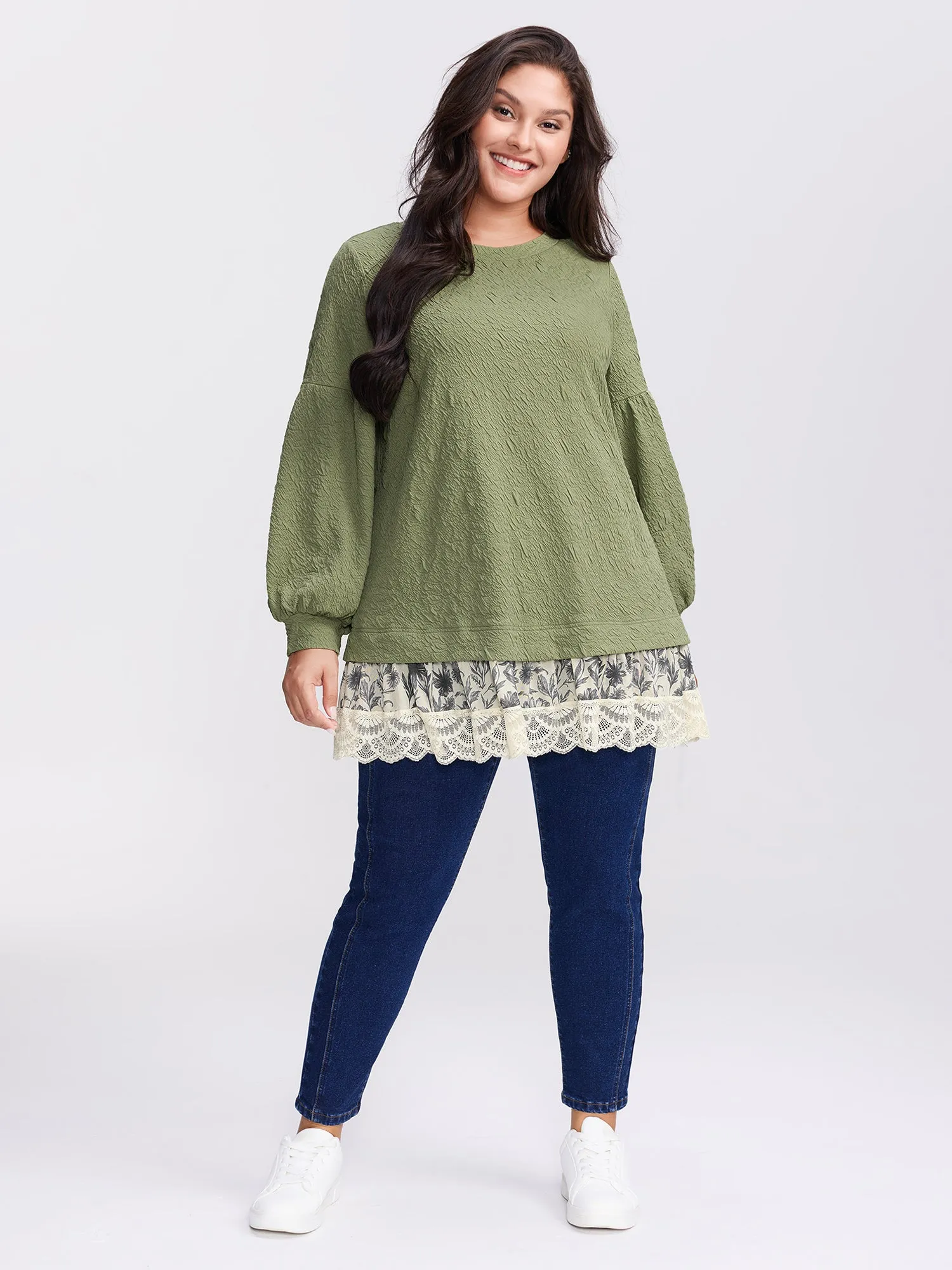 Textured Lace Layered Balloon Sleeve Sweatshirt sold by Bloomchic product image thumbnail 3