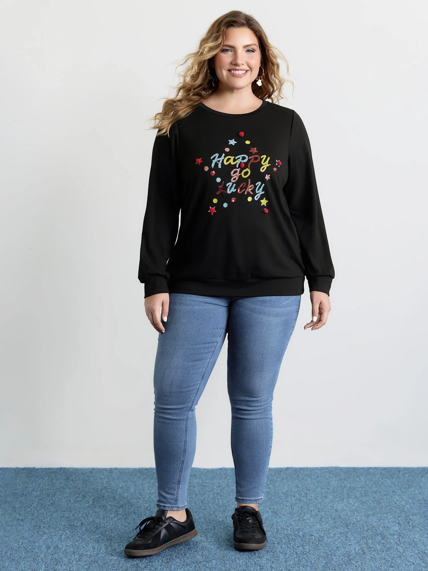 Happy Go Lucky Sequin Embroidery Sweatshirt sold by Bloomchic product image thumbnail 3