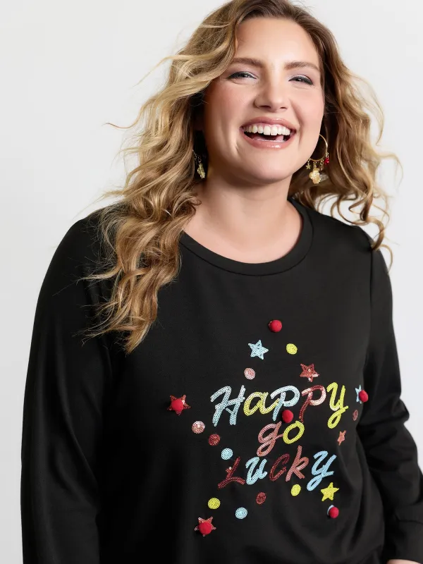 Happy Go Lucky Sequin Embroidery Sweatshirt sold by Bloomchic