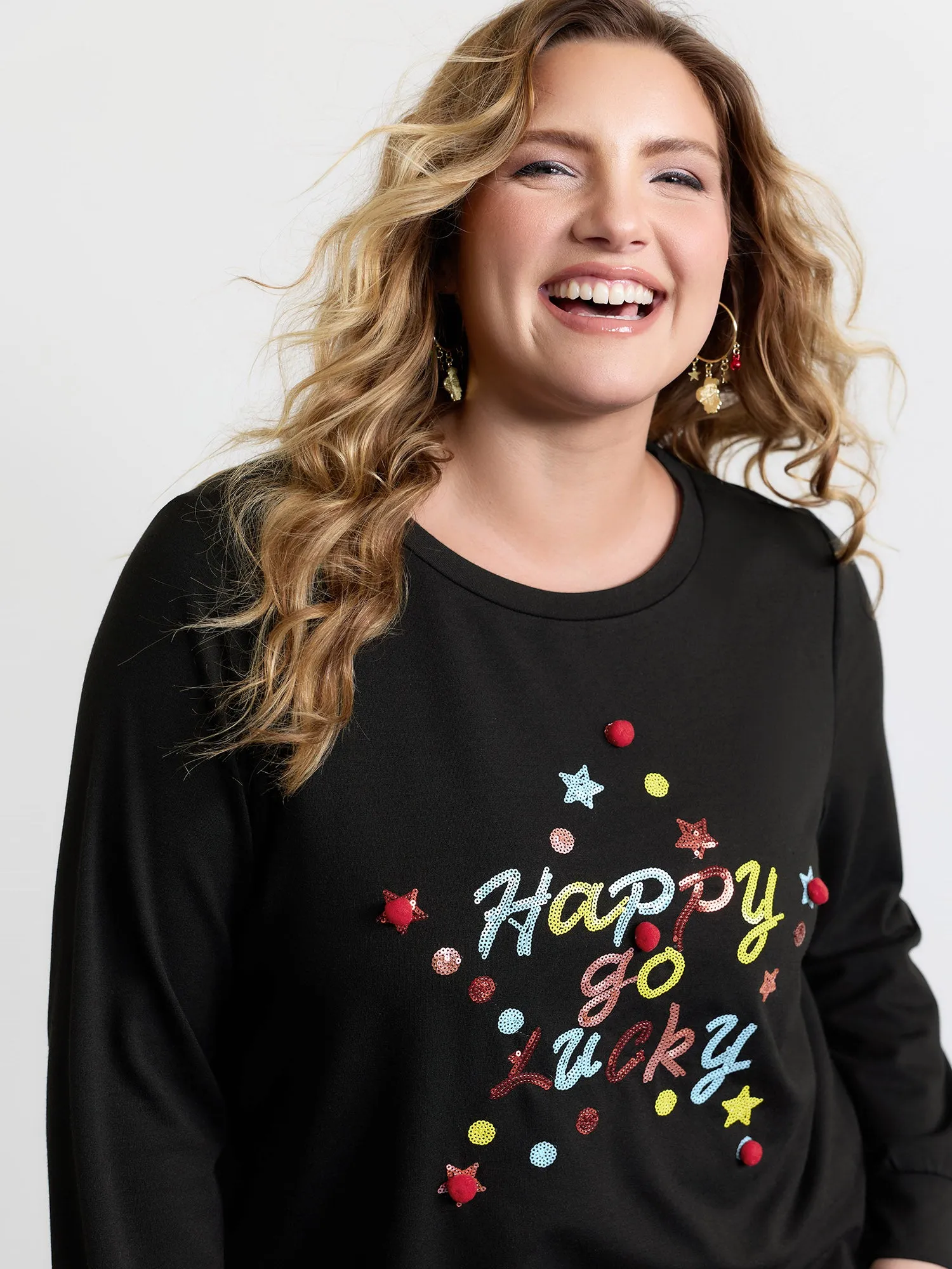 Happy Go Lucky Sequin Embroidery Sweatshirt sold by Bloomchic