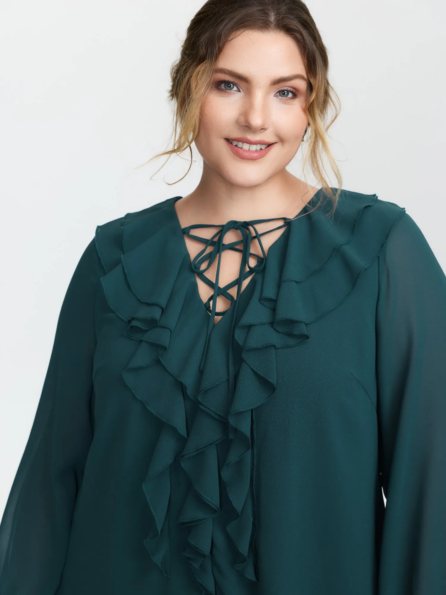 Ruffle Trim Cross-Tie Blouse sold by Bloomchic