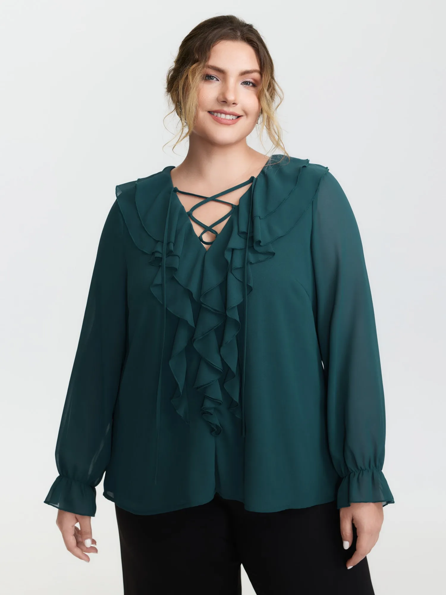Ruffle Trim Cross-Tie Blouse sold by Bloomchic product image thumbnail 2