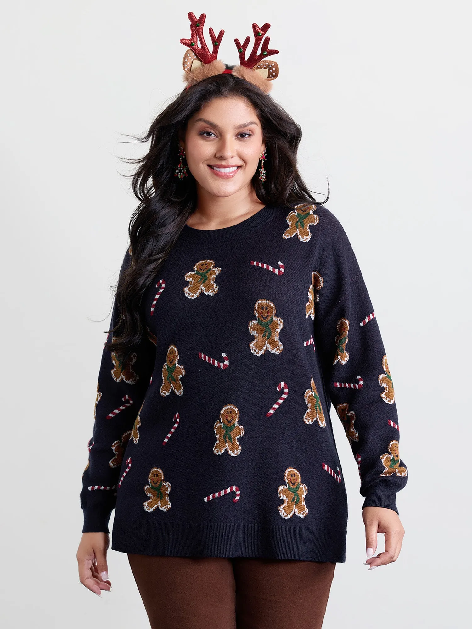 Gingerbread Holiday Jacquard Round Neck Pullover sold by Bloomchic