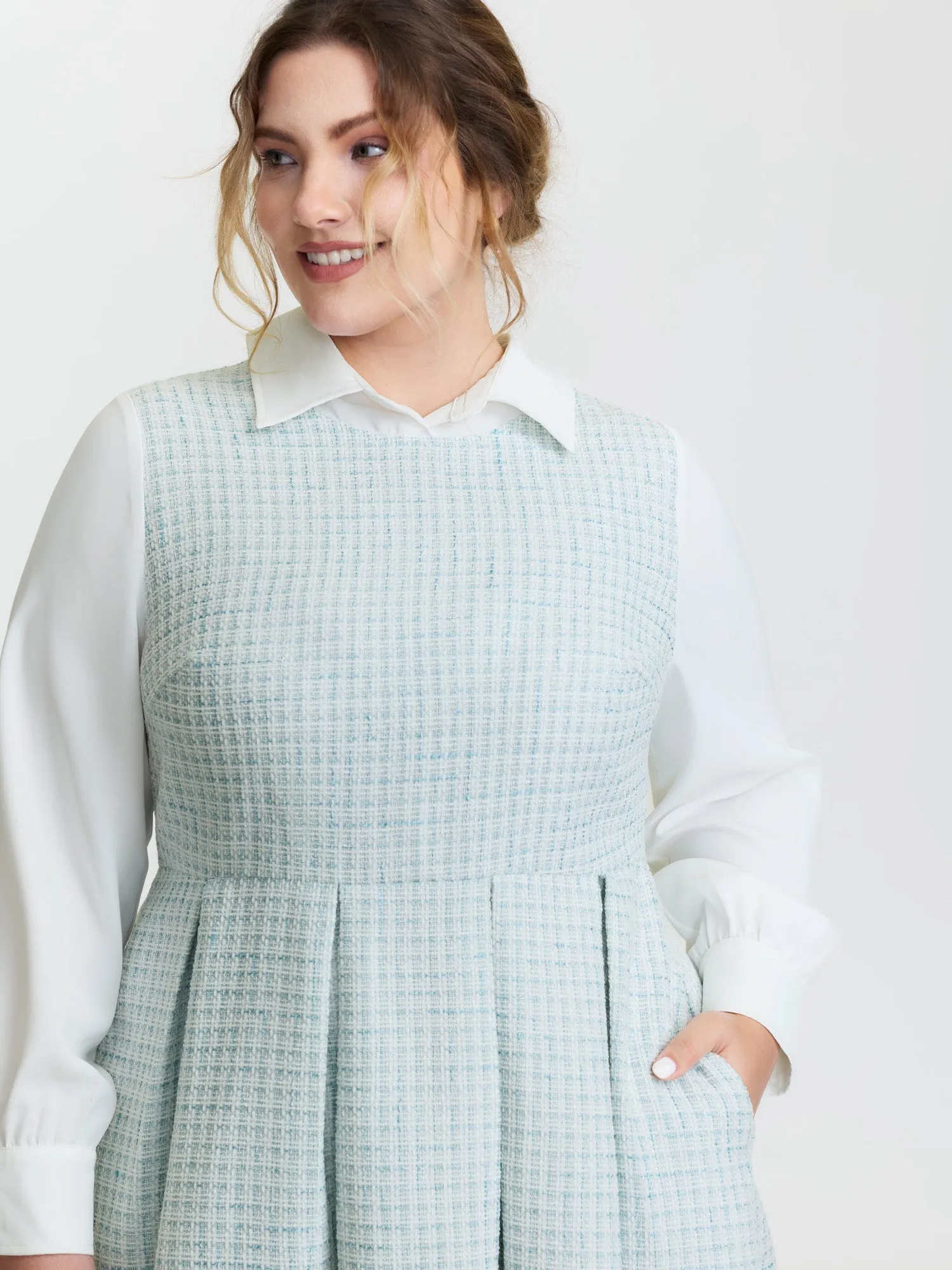 Tweed Colorblock Pleated Midi Dress sold by Bloomchic product image thumbnail 2