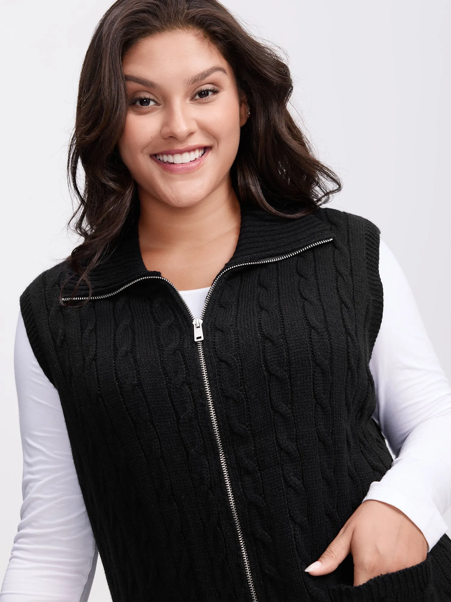 Cable Zipper Sleeveless Knit Cardigan sold by Bloomchic