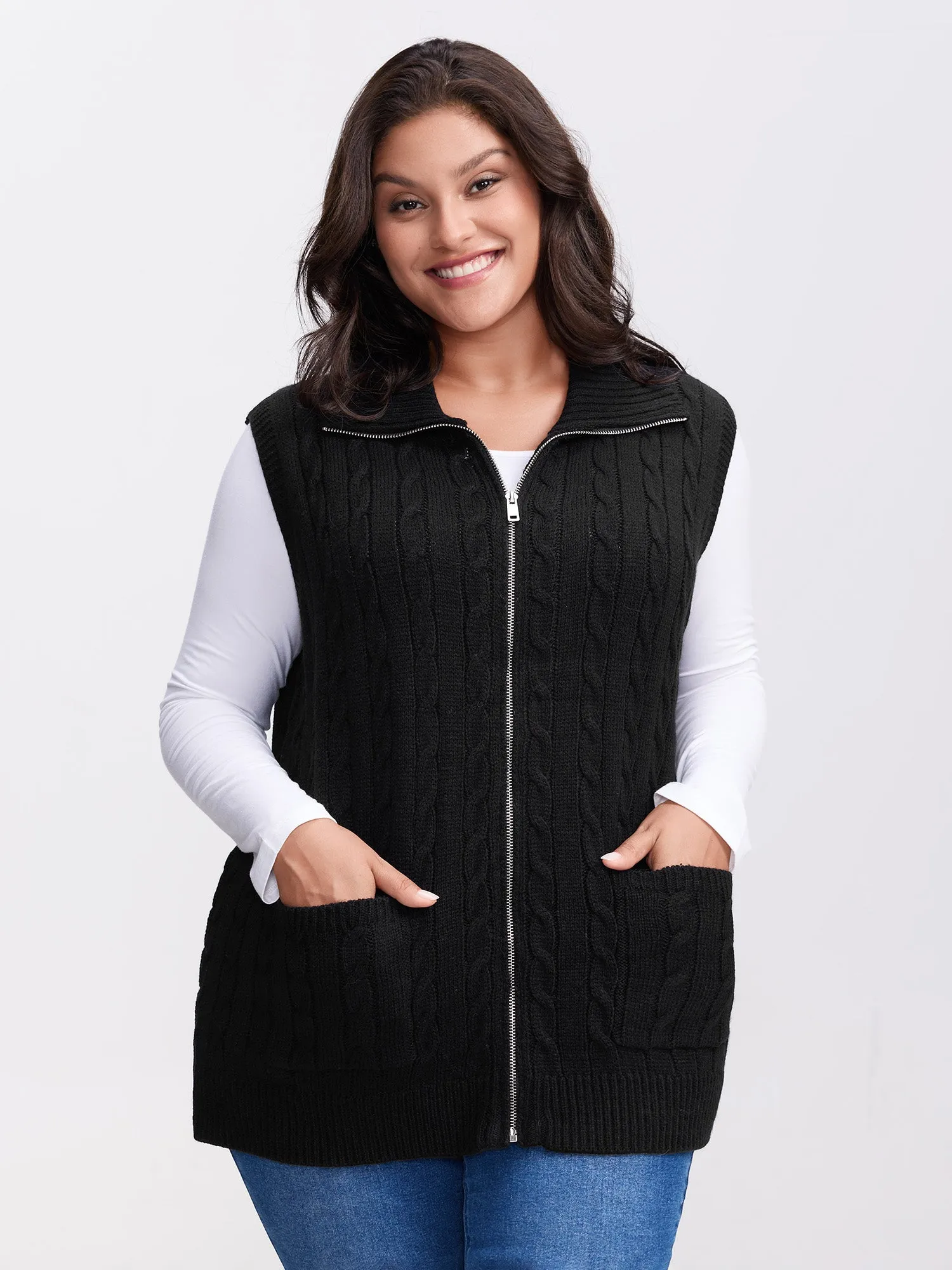 Cable Zipper Sleeveless Knit Cardigan sold by Bloomchic product image thumbnail 4