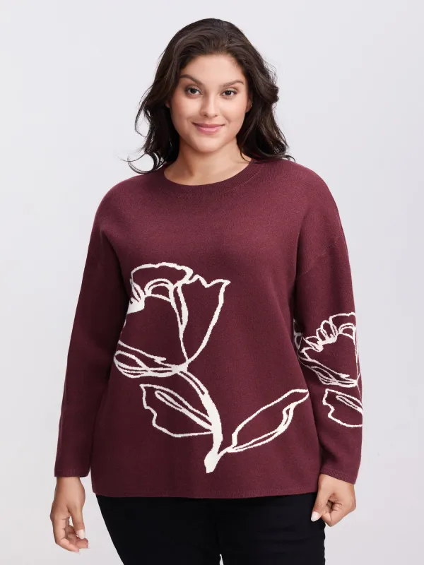 Rose Pattern Jacquard Round Neck Pullover sold by Bloomchic