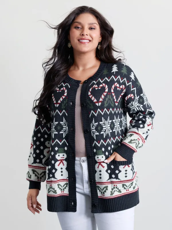 Snowman Holiday Jacquard Pockets Knit Cardigan sold by Bloomchic