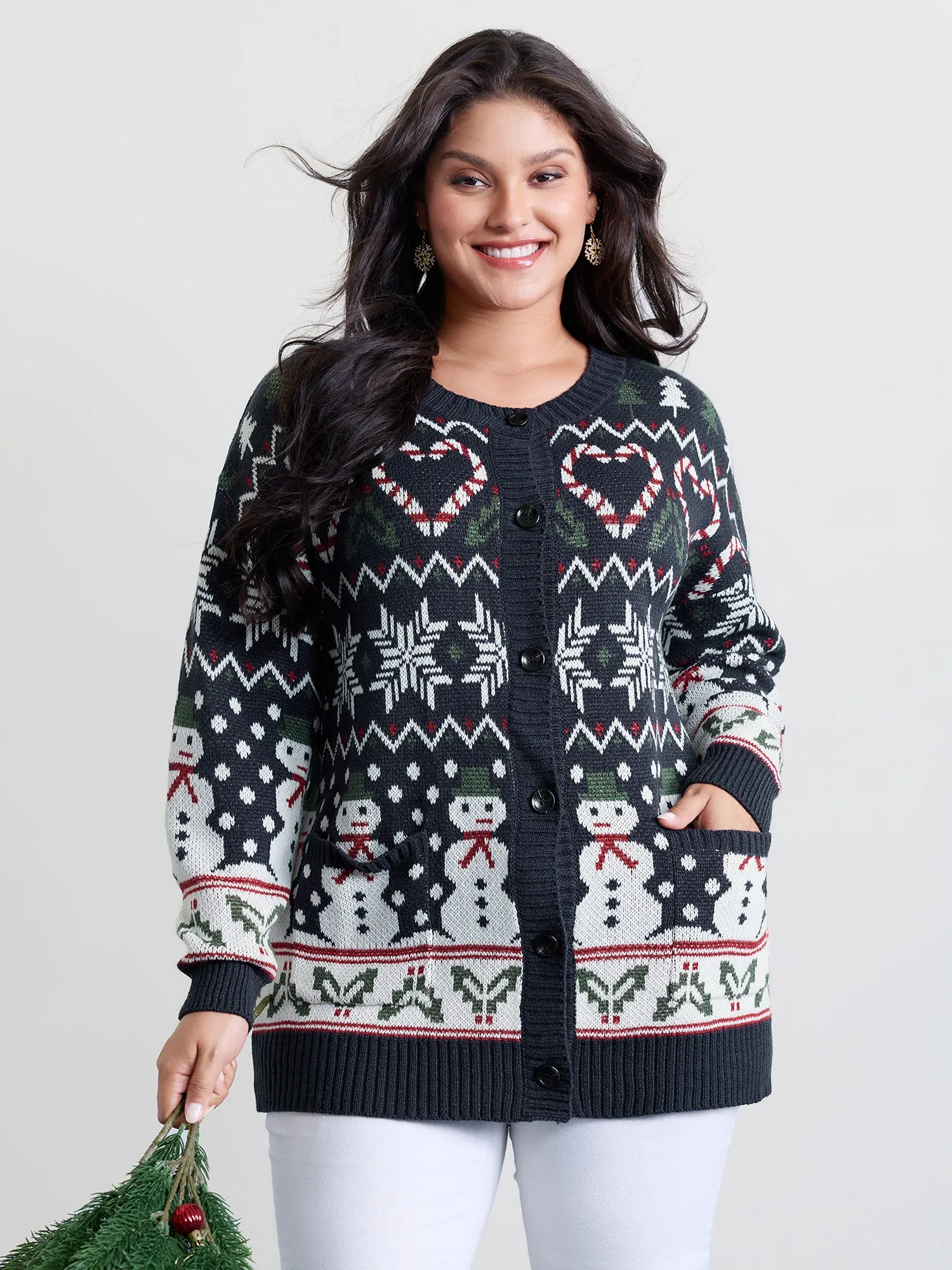 Snowman Holiday Jacquard Pockets Knit Cardigan sold by Bloomchic product image thumbnail 4